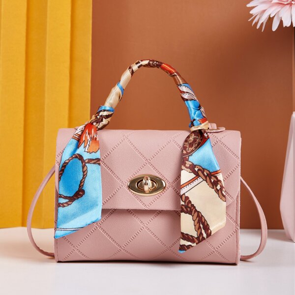 

Quilted Embossed Scarf Decor Satchel Bag, Pink