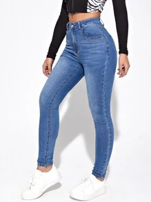 SHEIN Essnce 拉绒面料保暖高腰漂白洗水紧身牛仔裤保暖加厚牛仔布 - 中等水洗藍 - 查看 3