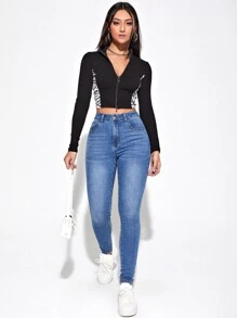 Jeanoix High Waist Bleach Wash Skinny Jeans - Light Wash - View 5