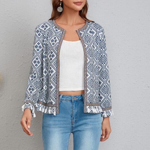 

Geo Print Flounce Sleeve Jacket, Blue and white