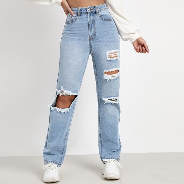 

High Waist Ripped Straight Jeans, Light wash