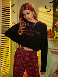 SHEIN Unity Áo len nữ Lá thư Giải trí - màu đen - Xem 6