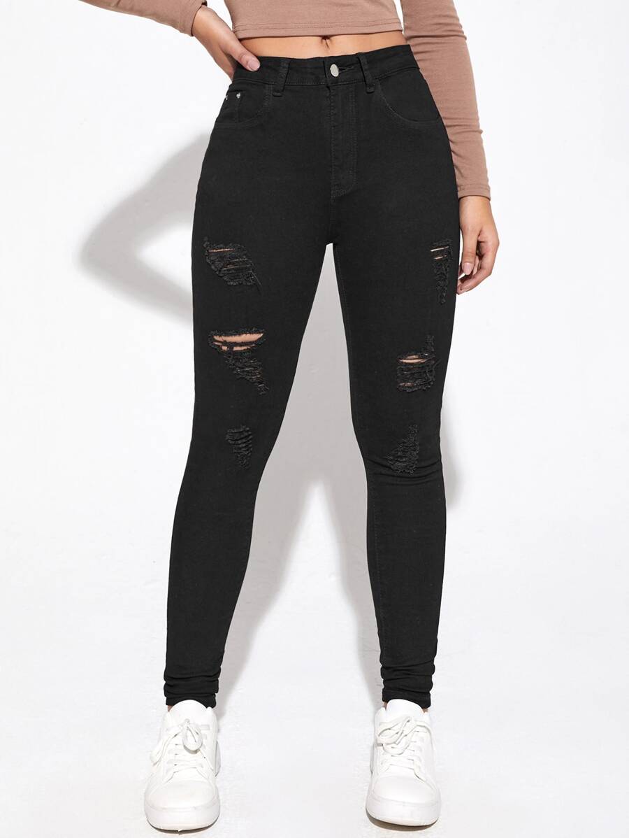 Jeanoix Ripped Skinny Jeans - Black - View 1