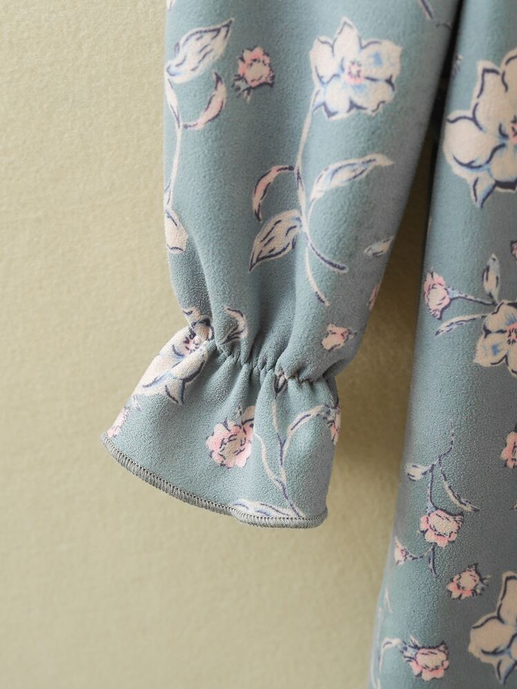 SHEIN Young Girl Floral Print Ruffle Trim Flounce Sleeve Bow Front Dress - Multicolor - View 3