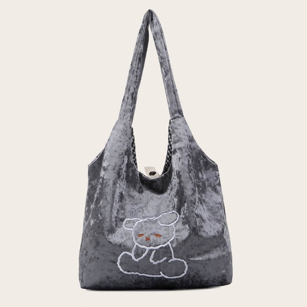 

Velvet Cartoon Graphic Shoulder Tote Bag, Grey
