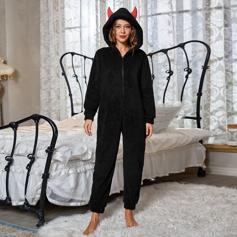

Halloween 3D Ear Zip Up Flannel Romper, Black