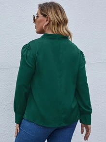SHEIN LUNE Plus Tie Neck Puff Sleeve Blouse - Dark Green - View 2