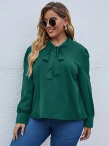 SHEIN LUNE Plus Tie Neck Puff Sleeve Blouse - Dark Green - View 3