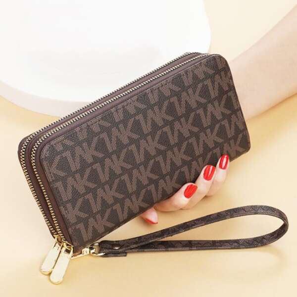 

Allover Print Double Zipper Long Wallet, Coffee brown