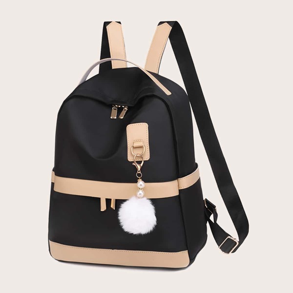 

Pom-pom Decor Two Tone Classic Backpack, Black