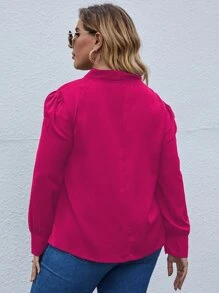 SHEIN LUNE Plus Tie Neck Puff Sleeve Blouse - Hot Pink - View 2