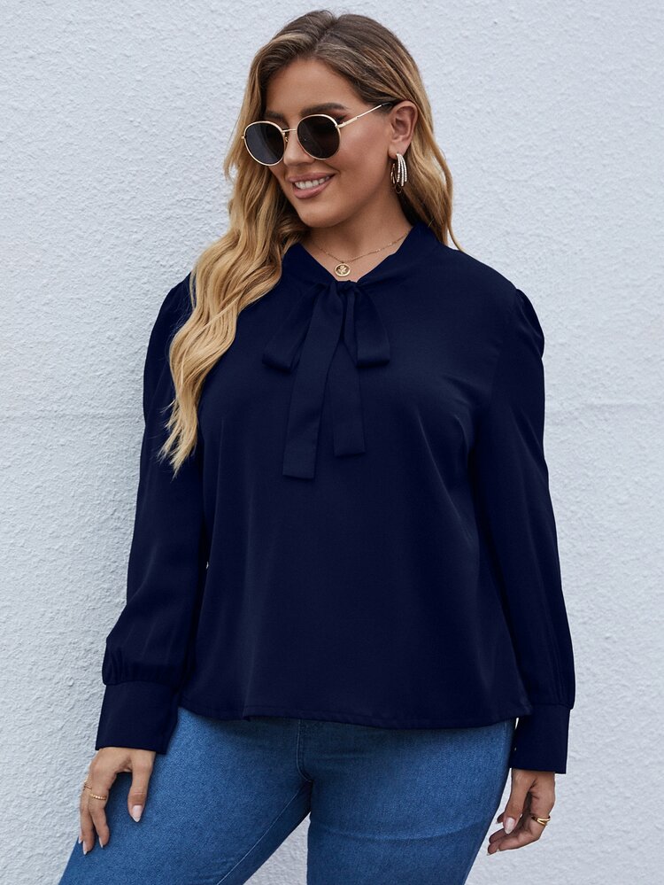 SHEIN LUNE Plus Tie Neck Puff Sleeve Blouse - Navy Blue - View 4