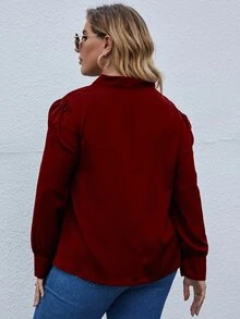 SHEIN LUNE Blusa de cuello con cordón de manga farol - Burdeos - Ver 2