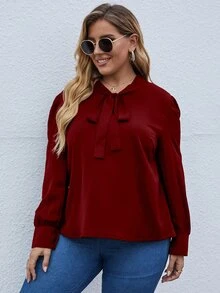 SHEIN LUNE Blusa de cuello con cordón de manga farol - Burdeos - Ver 3