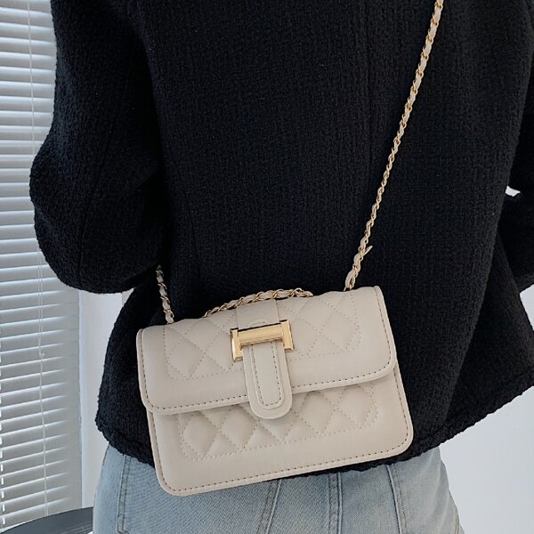 

Quilted Pattern Chain Square Bag, Beige