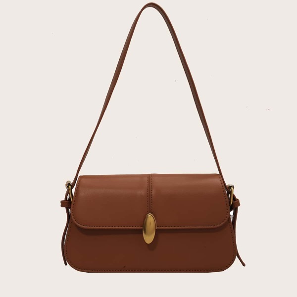 

Minimalist Metal Decor Flap Baguette Bag, Brown