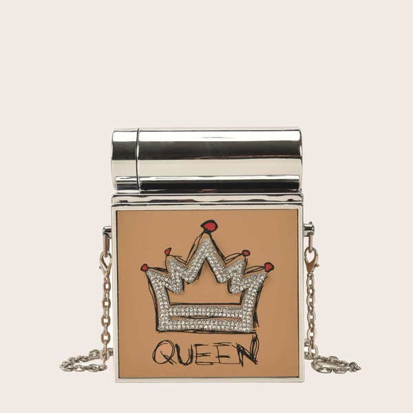 

Mini Rhinestone Decor Letter Graphic Chain Box Bag, Khaki