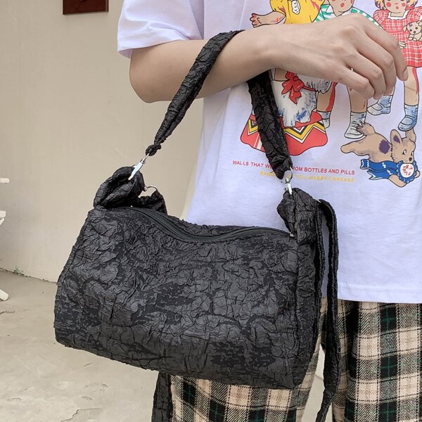 

Textured Satchel Bag, Black