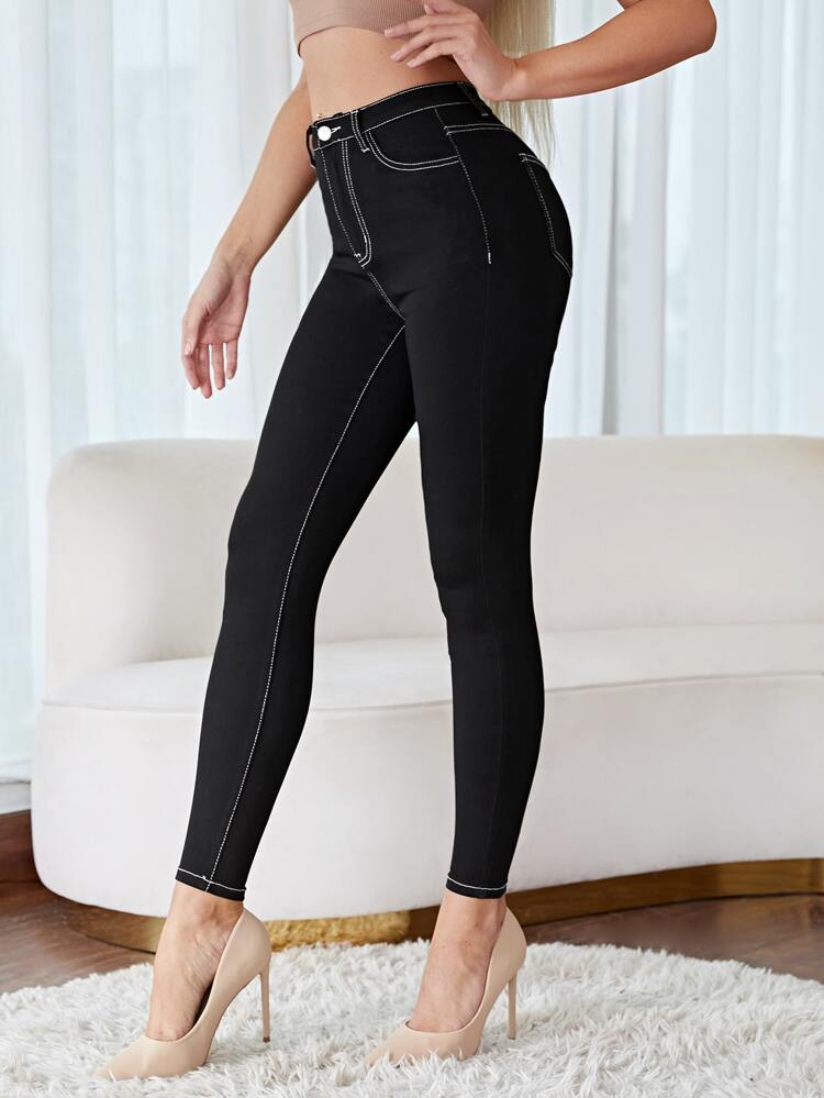 Pantalon long slim décontracté pour femme avec couture extérieure