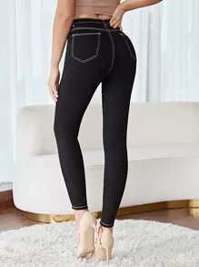 SHEIN Frenchy Quần dài dáng ôm vừa vặn thời trang thông thường dành cho nữ có đường khâu bên ngoài - màu đen - Xem 2