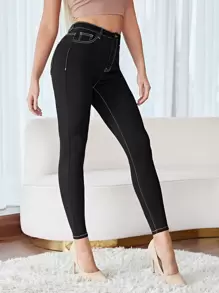 SHEIN Frenchy Quần dài dáng ôm vừa vặn thời trang thông thường dành cho nữ có đường khâu bên ngoài - màu đen - Xem 3