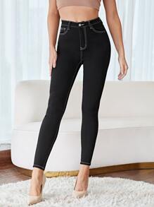 SHEIN Frenchy Quần dài dáng ôm vừa vặn thời trang thông thường dành cho nữ có đường khâu bên ngoài - màu đen - Xem 4