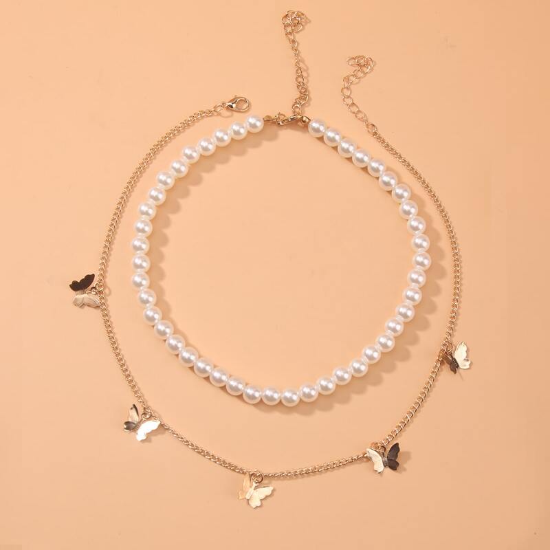 

2pcs Butterfly & Faux Pearl Necklace, Gold