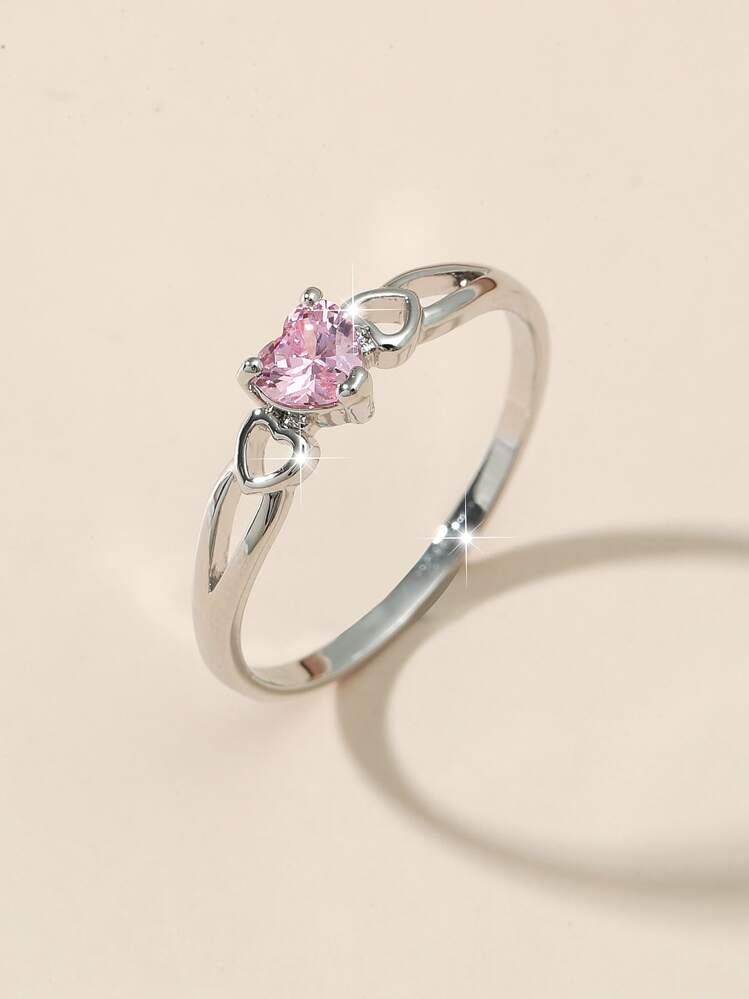 1pc Fashionable Simple Heart Shaped Zirconia Ring, Perfect For Valentine's Day, Mother's Day And Birthday Gift For Women Valentines - Silver - View 1