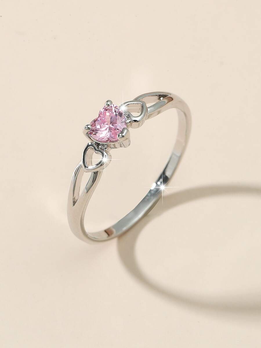 1pc Fashionable Simple Heart Shaped Zirconia Ring, Perfect For Valentine's Day, Mother's Day And Birthday Gift For Women Valentines - Silver - View 1