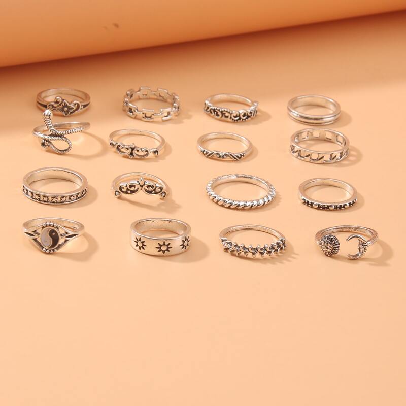 

15pcs Yin & Yang Graphic Ring, Silver