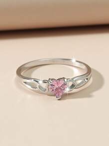 1pc Fashionable Simple Heart Shaped Zirconia Ring, Perfect For Valentine's Day, Mother's Day And Birthday Gift For Women Valentines - Silver - View 5