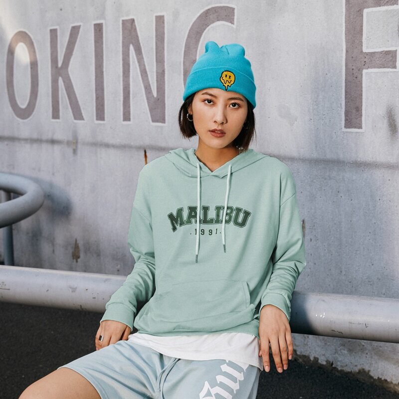 

Letter Pocket Drawstring Hoodie, Mint green