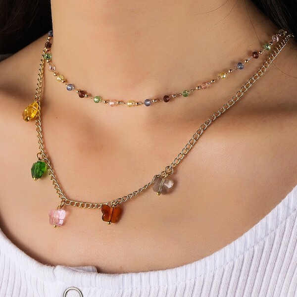 

Crystal Butterfly Charm Layered Necklace, Multicolor