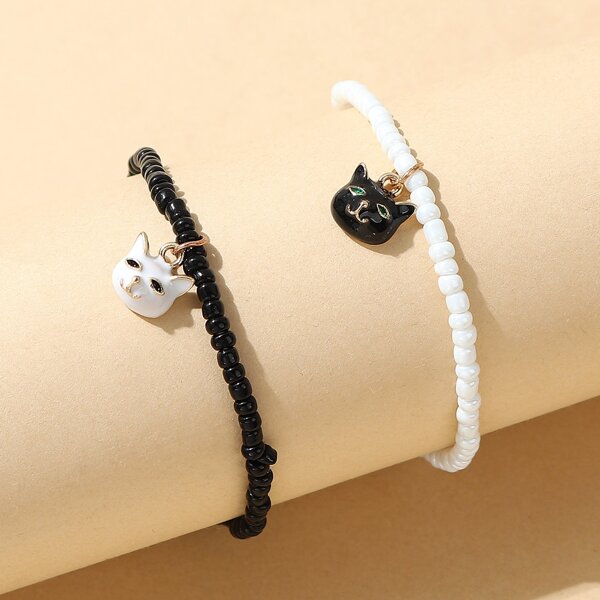 

2pcs Cat Charm Bracelet, Black and white