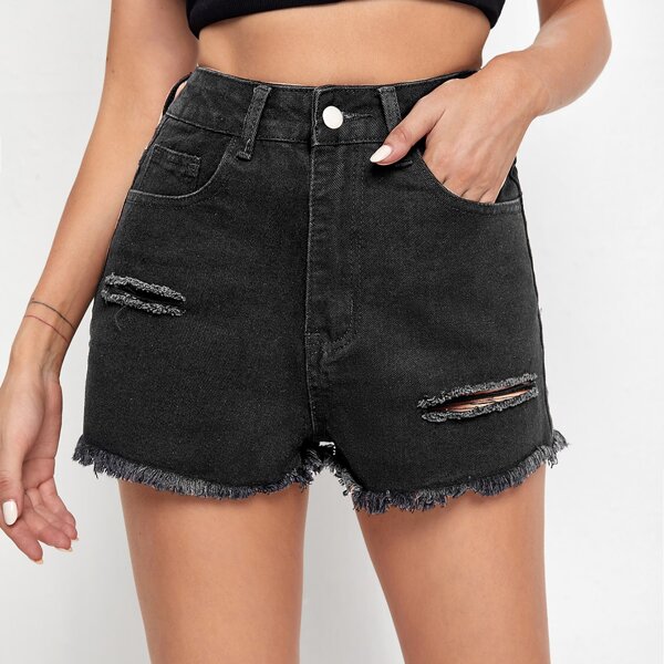 

High Waist Slant Pocket Ripped Raw Hem Denim Shorts, Black