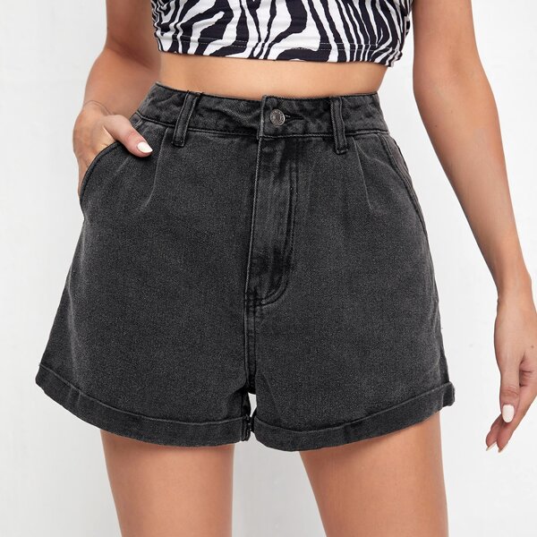 

High Rise Roll Hem Mini Denim Shorts, Dark grey