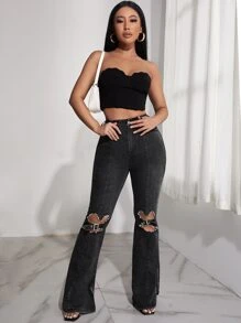 Women Jeans Kieszeń Surowy Brzeg Podarte Umyty Płatki Równy
