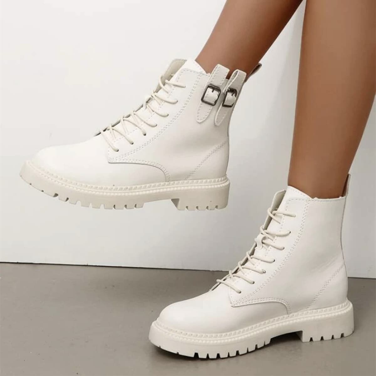 

Buckle Decor Lace-up Combat Boots, Beige