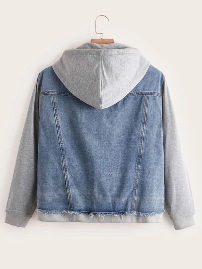 SHEIN EZwear 大碼毛邊緣抽繩連帽假兩件牛仔夾克