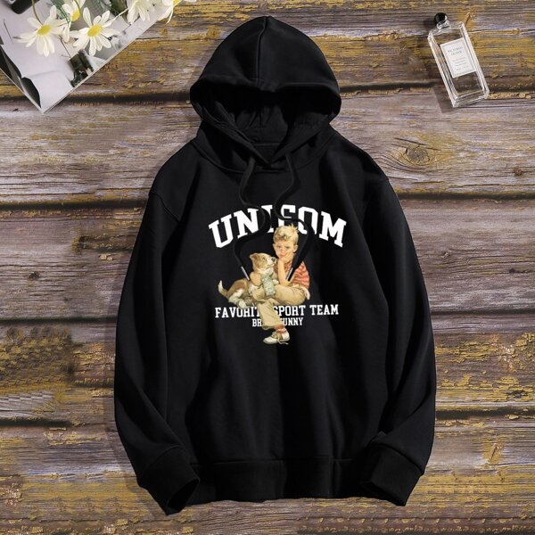 

Men Figure And Letter Graphic Drawstring Drop Shoulder Hoodie, Black