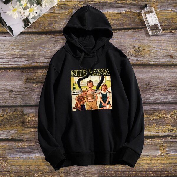 

Men Figure And Letter Graphic Drawstring Drop Shoulder Hoodie, Black
