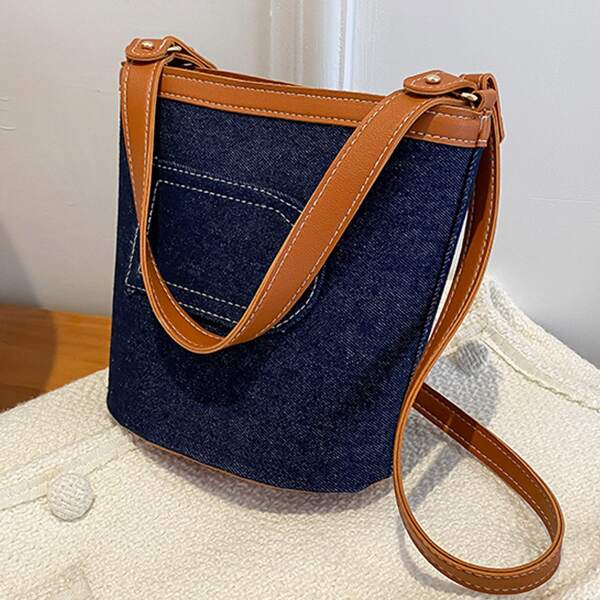 

Girls Letter Graphic Stitch Detail Bucket Bag, Navy blue