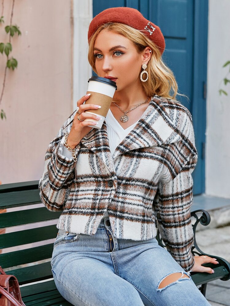 Simplee Waterfall Collar Plaid Print Drop Shoulder Overcoat - Multicolor - View 6