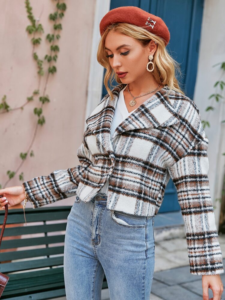 Simplee Waterfall Collar Plaid Print Drop Shoulder Overcoat - Multicolor - View 3