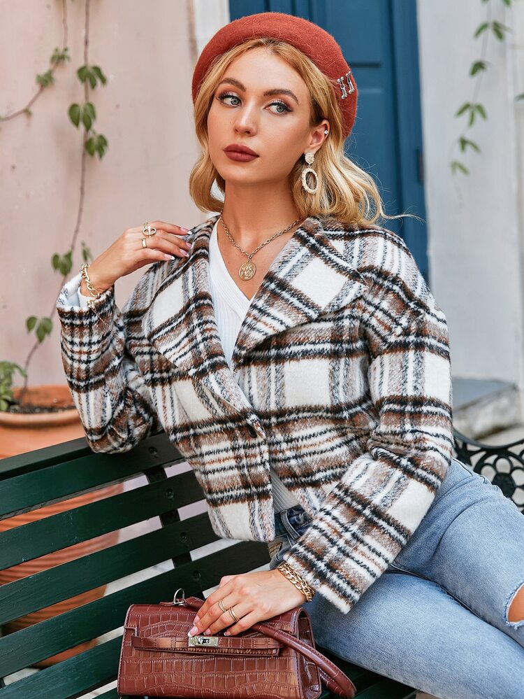 Simplee Waterfall Collar Plaid Print Drop Shoulder Overcoat - Multicolor - View 1