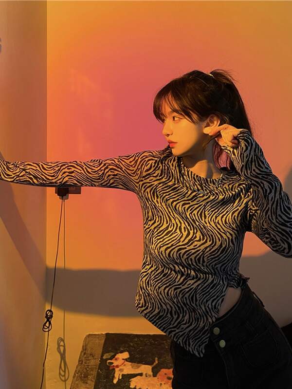 斑馬紋不對稱下擺T恤