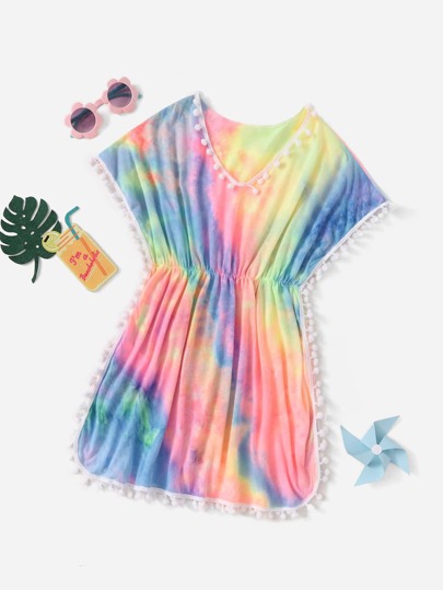 Cô gái Tween Nhuộm buộc Pom-pom Hem Cover Ups & Áo đầm