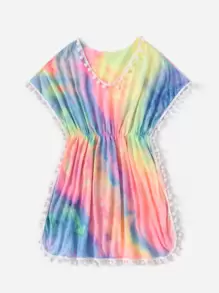 Tween Girl Tie Dye Pom-Pom Hem Cover Up