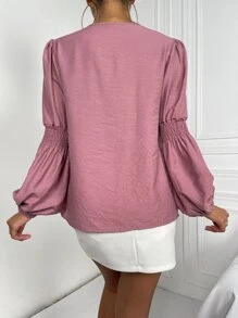 SHEIN Essnce 打褶燈籠袖褶皺面料襯衫 - 藕粉色 - 查看 2