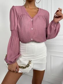 SHEIN Essnce 打褶燈籠袖褶皺面料襯衫 - 藕粉色 - 查看 3